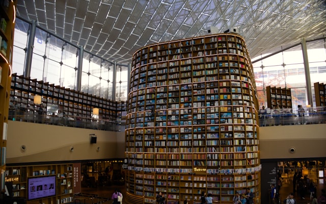 Circular bookshelf in modern library