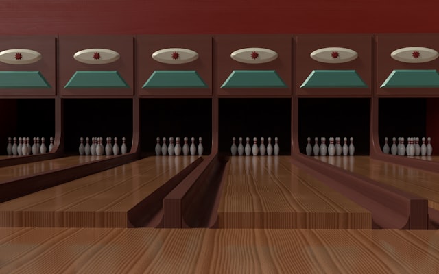 Bowling pins on wooden floor