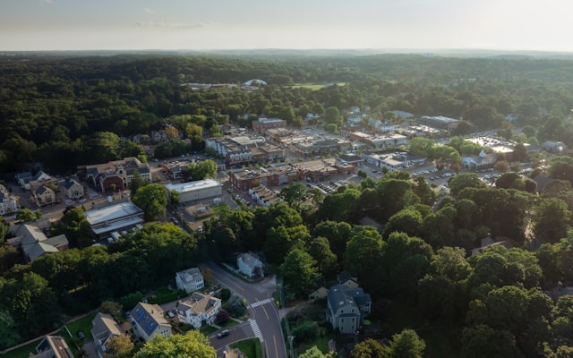 Aerial view of suburban town