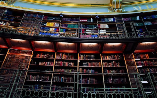 Grand library interior with tall bookshelves