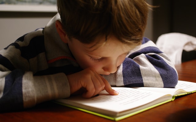 Boy in hoodie reading a book
